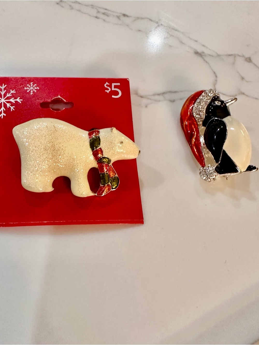 Festive Polar Bear and Penguin Kids Brooch Set - White, Red, Black